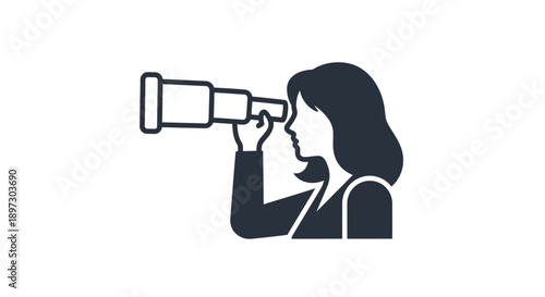 A woman looks through a telescope with her right eye on a plain white background.