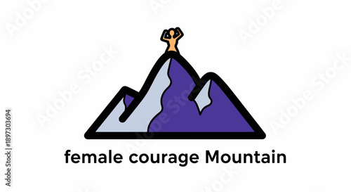 Illustration of a purple and gray mountain range with a triumphant female icon on top on a clean white background.