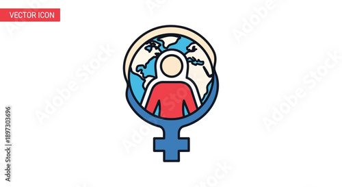 Illustration of a person symbol inside a blue female symbol with a globe in the background, symbolizing women's rights or gender equality, against a clean white background.