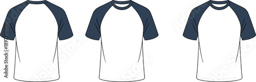 Raglan t shirt front view illustration set, blank baseball tee mockup for apparel branding, fashion design, printing, and casual sportswear use