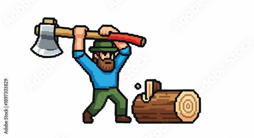 Retro pixel art illustration of a rugged lumberjack in a hat swinging an axe to chop a log, depicting traditional woodcutting and forestry.