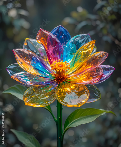 Rainbow glass lotus flower with sparkling details in garden setting