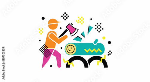Vibrant flat design illustration of a person chopping wood with an axe, symbolizing forestry, lumber industry, and manual labor in a modern geometric style.