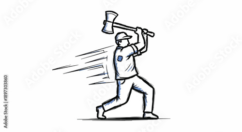 Hand-drawn illustration of a determined man in a cap swinging an axe vigorously, depicting hard work, power, and impactful action.