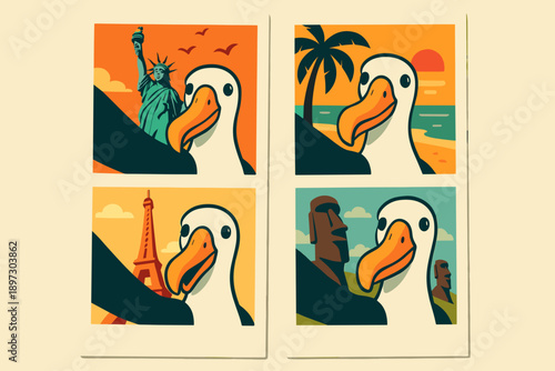 Cartoon bird exploring famous landmarks in a vibrant postcard style