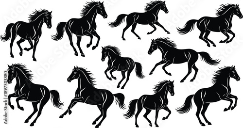 A group of black horse silhouettes running freely in different poses silhouette