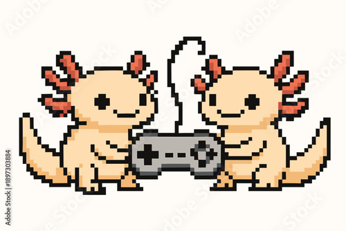 Two cute pixelated axolotls playing video games together in a retro style