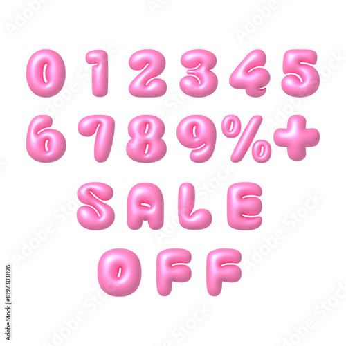 Pink Puffy 3D Balloon Numbers and Alphabet Sale Text Effect Vector