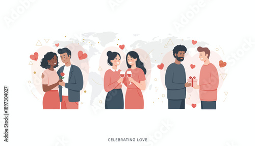 Couple Celebrating Love in Flat Design with Soft Colors and Gentle Lighting for Valentines Day Greeting