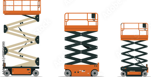 Scissor lift platform illustration set, industrial mobile aerial work platforms, construction maintenance equipment design, isolated vector on white background