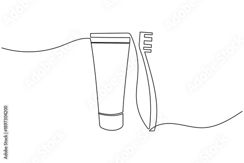 Minimalist continuous one line drawing of a toothbrush and toothpaste tube, representing daily dental hygiene and oral health care. Clean vector illustration on white background.