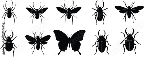 A collection of insect silhouettes against a white background