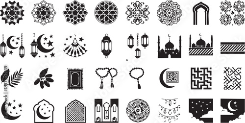 Islamic Decorative Elements: A compilation of elegant geometric patterns, crescent moons, lanterns, and other Islamic elements suitable for diverse design requirements, all in a black and white theme.