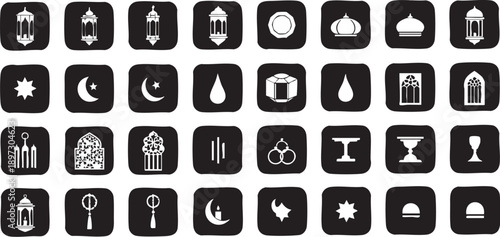 Symbols of Faith: A collection of meticulously crafted, elegant Islamic icons in a classic monochrome palette, each carrying significant cultural and religious symbolism. 