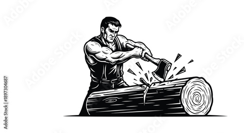 Strong muscular lumberjack chopping a large wood log with an axe, dynamic vintage style woodcut illustration depicting hard work, forestry, and physical strength.