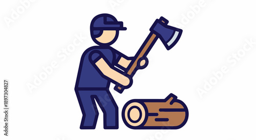 Woodcutter chopping wood with an axe, flat icon illustration, isolated on white background, professional logger at work