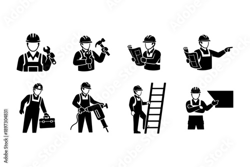Collection of Construction Worker Icons with Tools and Equipment in Black Silhouette. Vector Graphic.