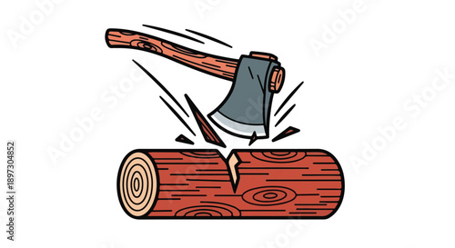 Illustration of an axe chopping a log, with wood chips flying and motion lines indicating action