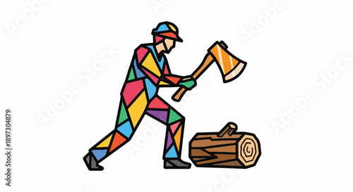 Man in colorful geometric outfit chopping wood with an axe, isolated on white background