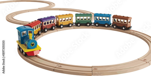 Wooden toy train illustration with colorful carriages on curved track, classic children railway playset, educational toy design, vector isolated on white background