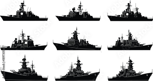 attleship silhouettes, naval warship icons, military vessel, defense illustration, navy ship design, armed forces graphic, ocean fleet, combat, maritime, security