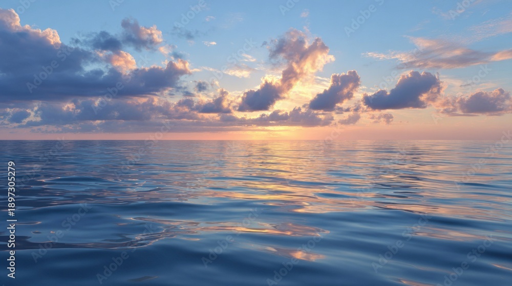 Fototapeta premium Tranquil ocean sunset with vibrant clouds reflected on water surface.