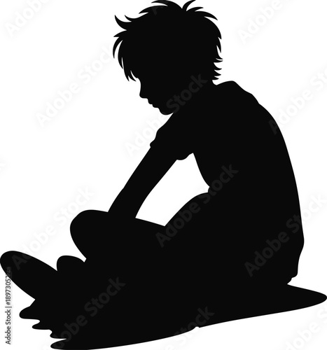 Lonely sad boy silhouette sitting alone with depressed posture symbolizing mental health struggle, emotional pain, childhood trauma, isolation, darkness, concept
