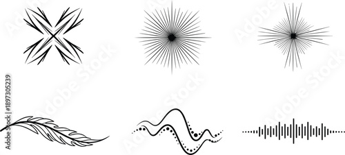 Abstract icons, vector design, starburst pattern, leaf illustration, waveform graphic, soundwave art, decorative symbol, modern style, creative element, symmetry
