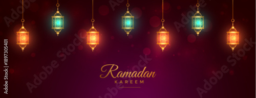 Ramadan Kareem Greeting Design with Hanging Lanterns, Gold Script Text, and Bokeh Effects on Dark Purple Background