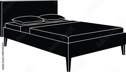 Bed silhouette icon, furniture illustration, bedroom interior design, sleep concept, mattress vector, home decor symbol, rest comfort art, lifestyle graphic