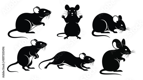 Six silhouetted rats in various poses Vector