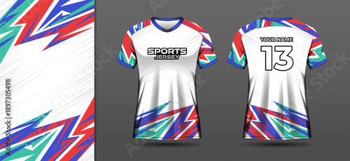 White sport jersey mockup with colorful abstract background