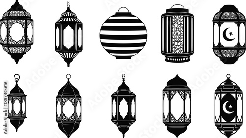 Arabic lantern silhouettes set featuring traditional ramadan kareem hanging lamps and decorative lights in cad drawing flat vector illustration collection