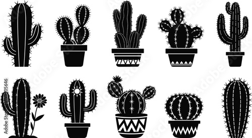 Cactus silhouettes, potted plant icons, desert vegetation, succulent design, botanical illustration, nature graphic, decorative pot, greenery art, garden, indoor