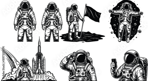 Astronaut silhouette set featuring space explorers moon landing rocket launch and galactic missions in cad drawing flat vector illustration collection