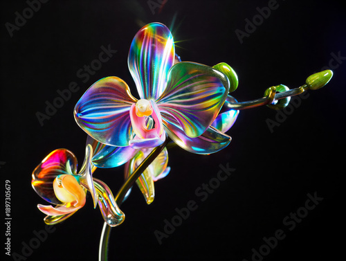 Rainbow orchid flowers glass art delicate petals stem dark background sparkling highlights