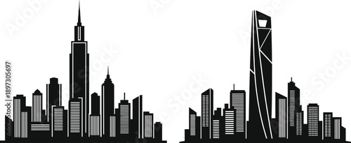 City skyline silhouettes, urban architecture icons, skyscraper design, metropolitan illustration, building graphic, modern skyline, landmark symbol, cityscape art, tower, structure