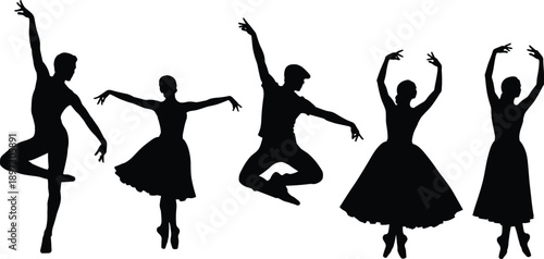 Ballet dancer silhouette set with male and female performers in elegant poses, classical dance jumping and standing positions, vector illustration