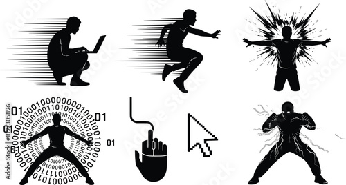 Digital technology silhouettes, data immersion icons, fast laptop typing, binary code figure, energy burst effect, computer mouse cursor, innovation concept art