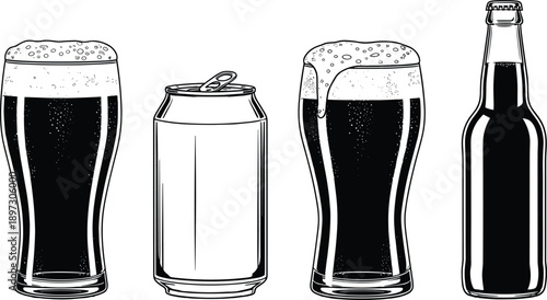 Beer glasses with foam aluminum can and glass bottle silhouettes set in black and white cad drawing flat vector illustration