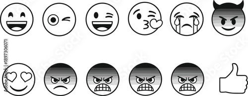 Emoji face icons, emotional expression illustration, digital communication symbol, playful vector design, social media art, human emotion concept, gradient style graphic