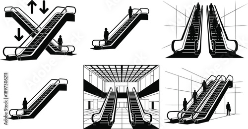 Escalator silhouettes, transport icons, architecture design, building interior, public space illustration, shopping mall graphic, urban symbol, stairway art, modern, movement