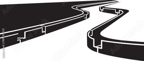 Black and white road path with sharp turns ahead