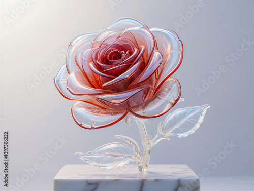 Red and clear glass rose sculpture on marble base