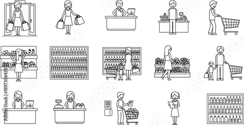 Black and White Outline Icons of People Shopping in Supermarket Buying Groceries Pushing Carts and Cashier at Checkout Counter Vector Illustration