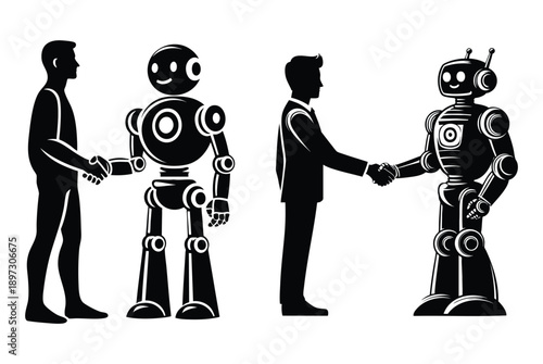 Human and robot shaking hands symbolizing partnership and future technology isolated on white background
