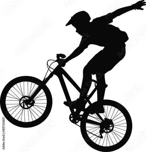 BMX cyclist silhouette vector illustration, extreme bicycle stunt rider performing trick isolated on white background urban sport action design graphic