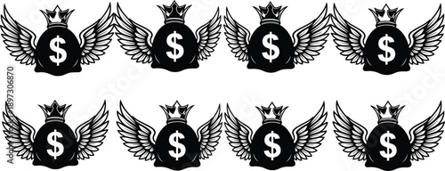 Money bag silhouette icons, wealth symbol, financial freedom illustration, crown design vector, dollar sign art, investment concept, prosperity lifestyle graphic