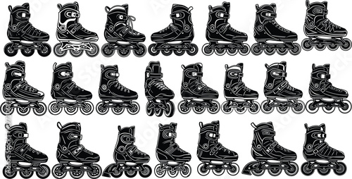 Black and White Silhouette Set of Inline Skates and Rollerblades for Urban Sports Recreational Fitness Extreme Skating and Outdoor Activities,
