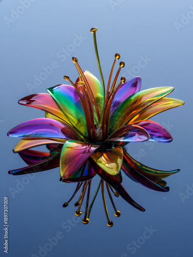 Iridescent rainbow glass water lily reflecting on dark blue surface